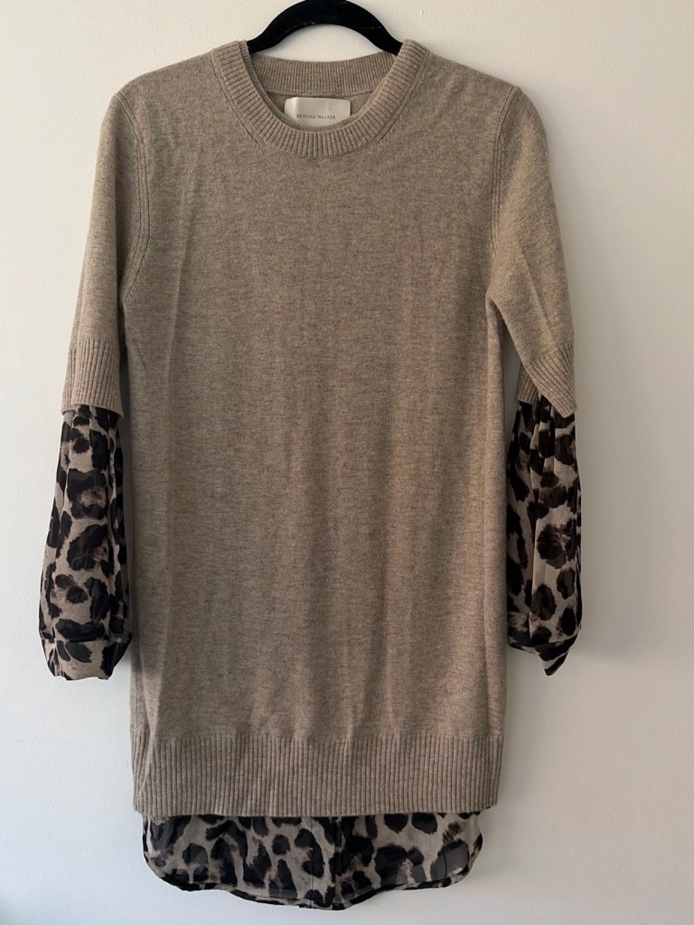 Brochu Walker Taupe Sweater Dress with Leopard-Print Sleeves